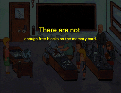 a cartoon scene with the words " there are not enough free blocks on the memory card " at the top