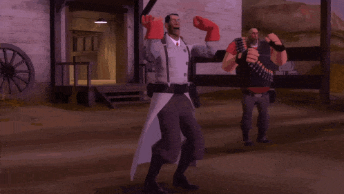 a man in a white coat and red gloves is standing next to another man