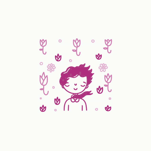 a drawing of a girl surrounded by flowers with her eyes closed