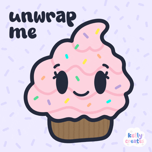 a cartoon of a cupcake with sprinkles and the words unwrap me below it