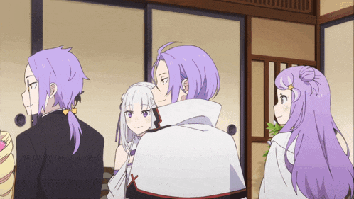 a group of anime characters with purple hair are standing together