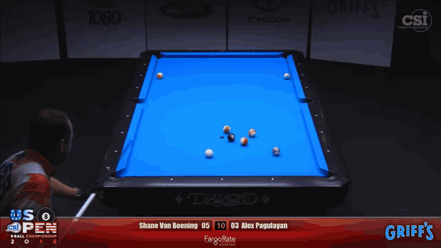 a pool table with us open written on the bottom