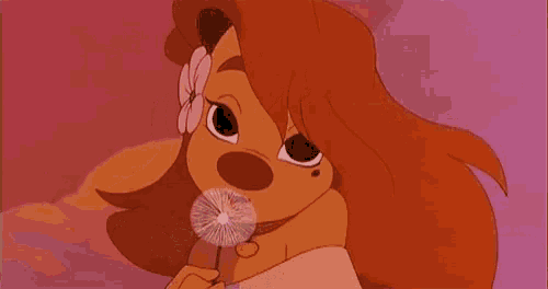 a cartoon dog with a flower in her hair is blowing dandelions in the air .