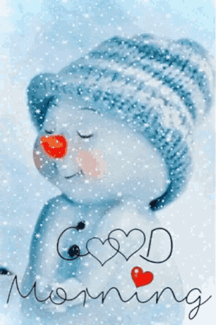 a snowman with a red nose and the words good morning