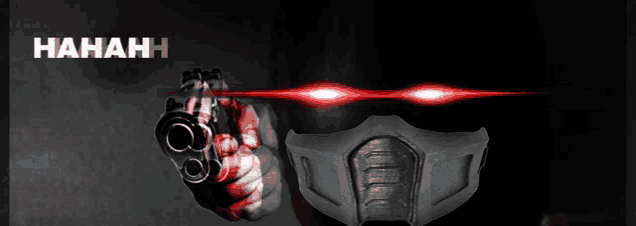 a person wearing a mask is pointing a gun at the camera with the words " hahaha " above