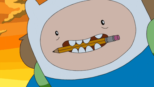 a cartoon character holding a pencil in his mouth