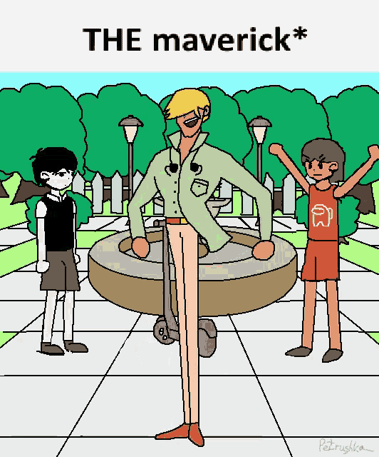 a cartoon of a man with a scooter standing in front of a fountain with two other people .