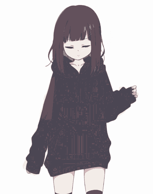 a drawing of a girl wearing a black hoodie and knee high socks