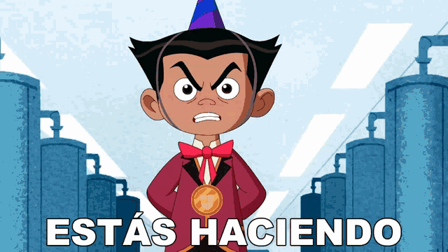 a cartoon character is standing in front of a sign that says " esta 's haciendo "
