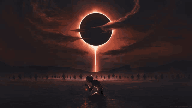 a painting of a person kneeling in front of a huge eclipse