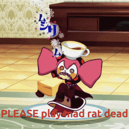 a cartoon character with a cup on her head and the words please play mad rat dead underneath