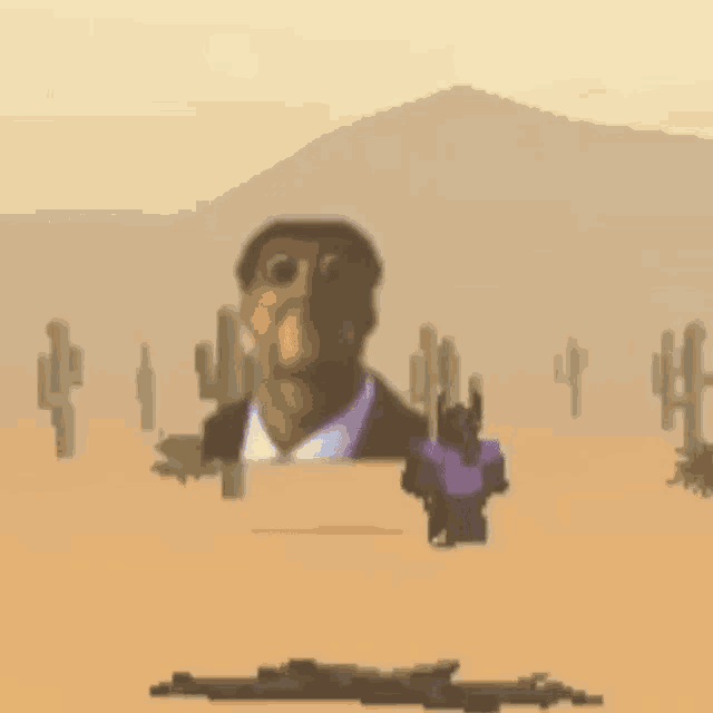a man in a suit is standing in the middle of a desert with cactus .