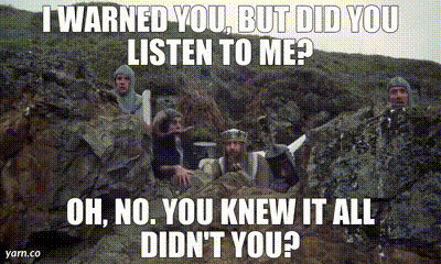 a group of knights are hiding in a cave with a caption that says i warned you but did you listen to me