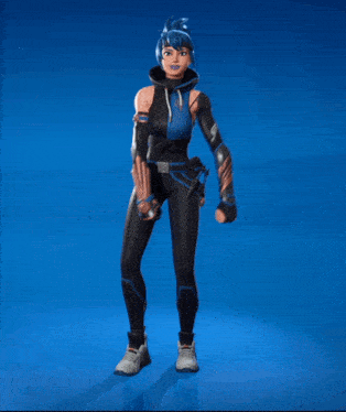 a girl with blue hair and black pants is dancing in front of a blue background