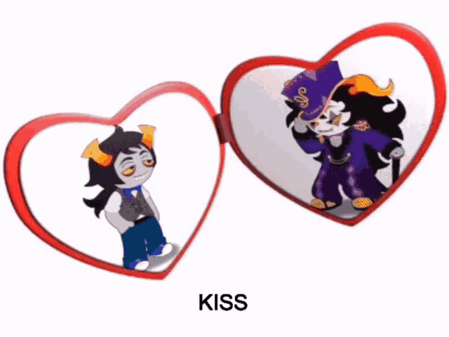 a couple of hearts with cartoon characters inside of them and the word kiss underneath