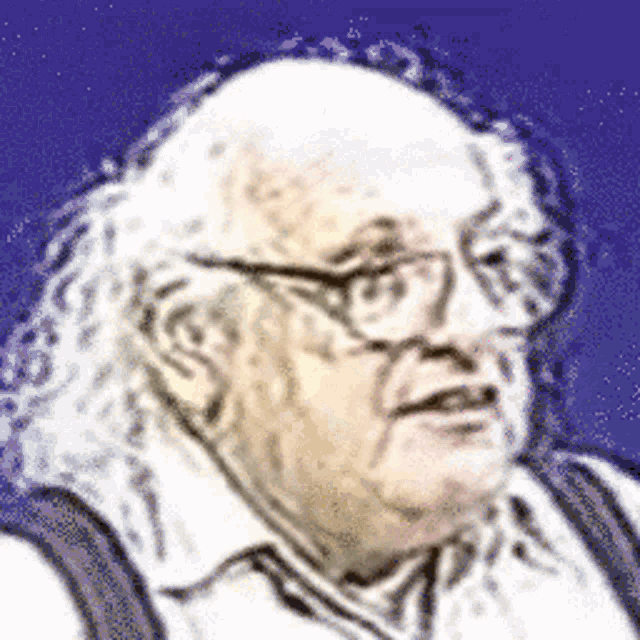 a man with glasses and suspenders is looking at the camera