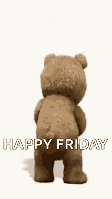 a teddy bear is holding a shaker in his hand and says `` happy friday '' .