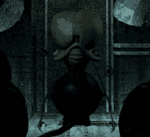 a dark room with a skeleton in the middle