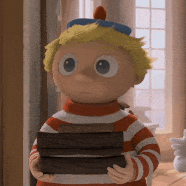 a cartoon character is holding a stack of books in his hands