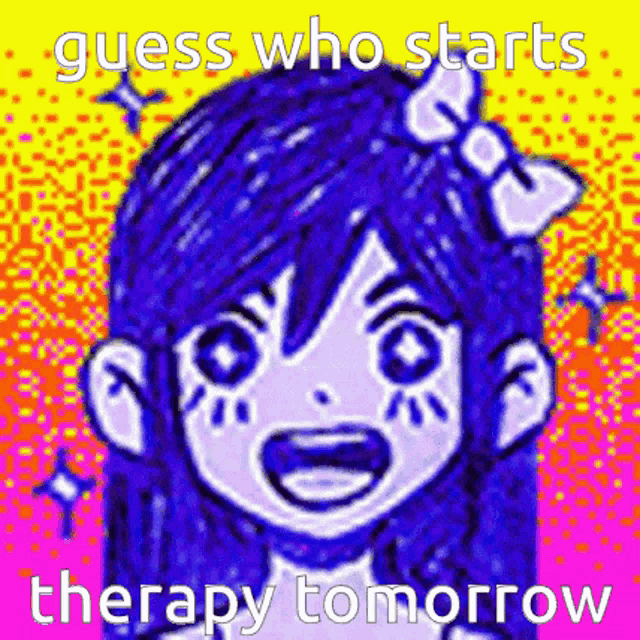 a girl with blue hair and a bow on her head is smiling and says guess who starts therapy tomorrow .