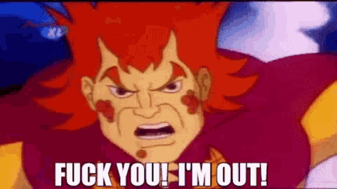 a cartoon character with red hair is saying `` fuck you i 'm out '' .