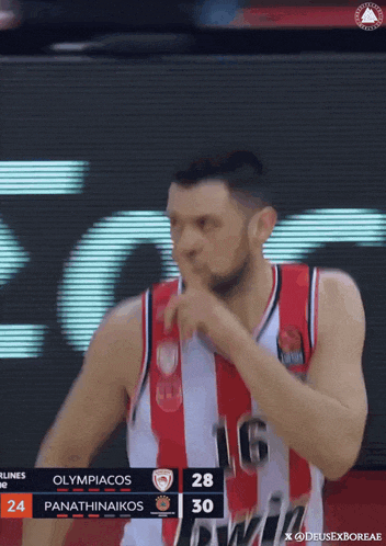 a basketball player with the number 16 on his jersey holds his finger to his lips