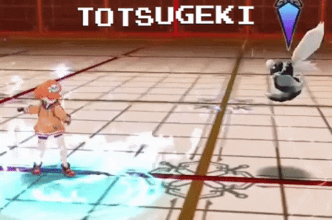 a video game character is standing on a tiled floor with the word totsugeki written above her