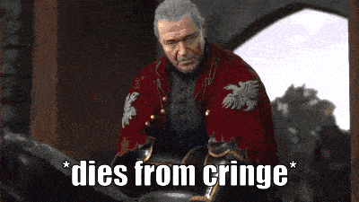 a man in a red coat with the words " dies from cringe " on the bottom