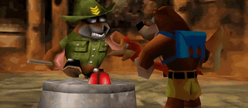 two cartoon bears are standing next to each other and one has a backpack