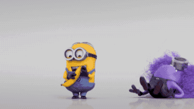 a yellow minion is standing next to a purple minion with a purple afro