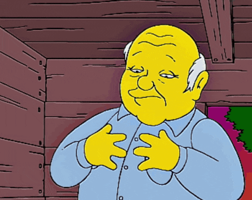 a cartoon character with a yellow face and a blue shirt has his hands on his chest