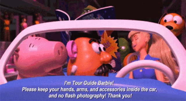 a cartoon of barbie driving a car with mr potato head
