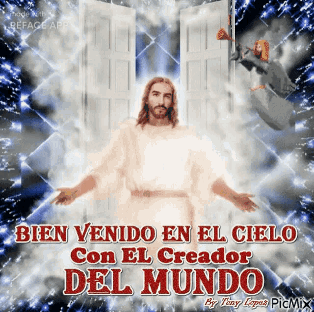 a picture of jesus with the words bien venido en el cielo on it