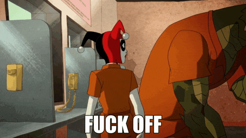 a cartoon harley quinn says fuck off while talking on a pay phone