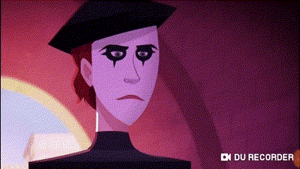a cartoon character with a black hat and a white face is looking at the camera .