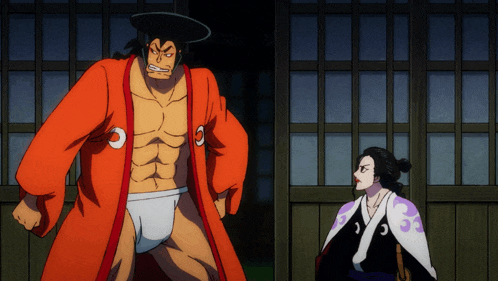 a man in an orange robe with the letter c on his chest stands next to a woman in a kimono