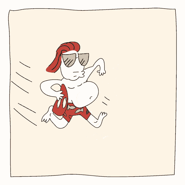 a cartoon of a man wearing sunglasses and shorts holding a surfboard