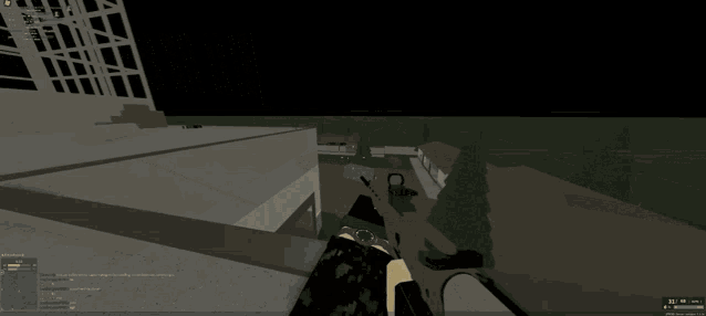 a screenshot of a video game shows a person holding a gun in a dark area