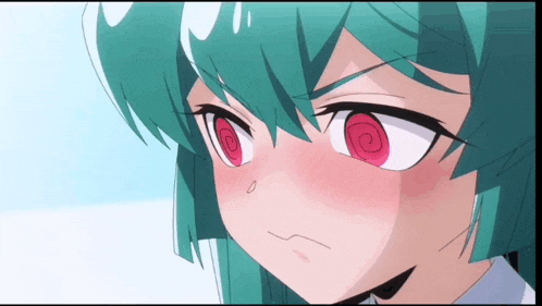 a girl with green hair has a swirling eye