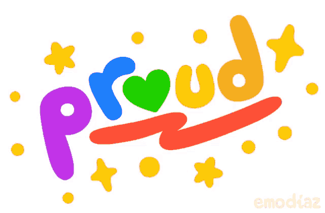 a colorful drawing of the word proud with a heart and stars