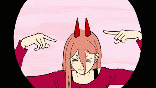 a cartoon of a girl with red horns pointing at herself
