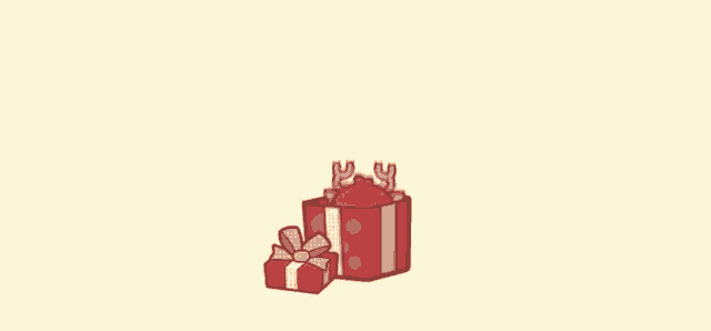a cartoon drawing of a reindeer with antlers and a red gift box