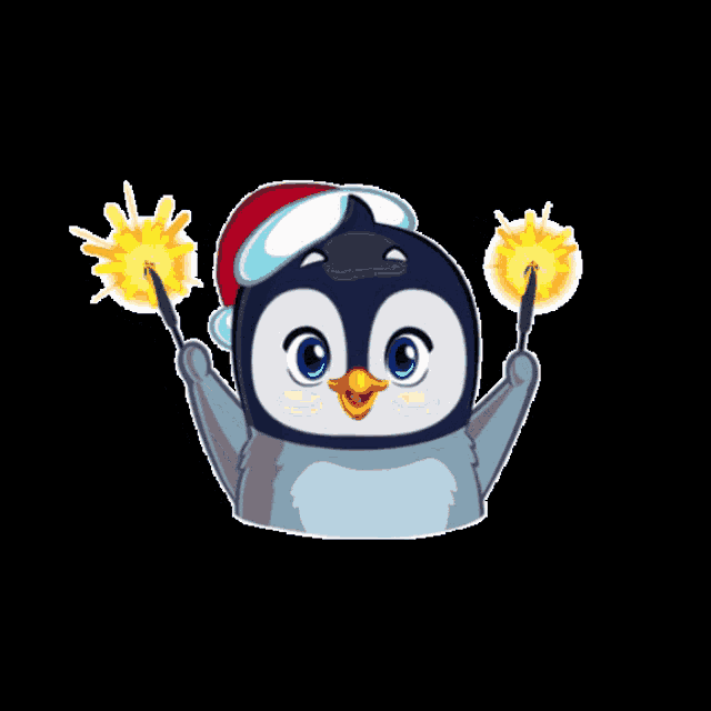 a penguin in a santa hat is holding sparklers
