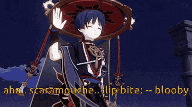 a video game character with a red umbrella and the words aha scaramouche tip bite bloody on the bottom