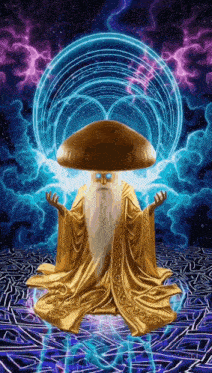 a wizard with a beard and a mushroom hat is sitting in a lotus position .