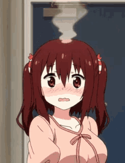a girl with red hair and pigtails is standing in front of a door