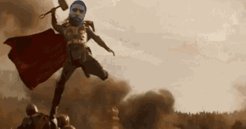 a man with a beard is holding a hammer in his hand while flying through the air .