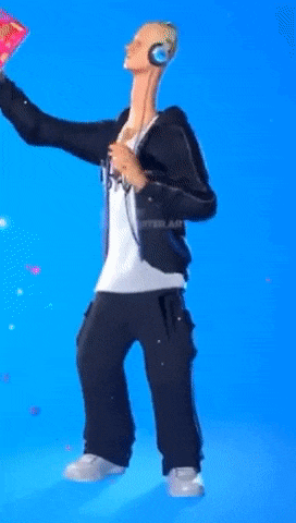 a man with a long neck is dancing in front of a blue background while wearing headphones .
