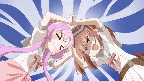 two anime girls with pink hair are making a heart shape with their hands