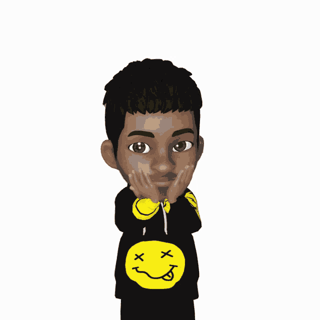 a cartoon character is wearing a black hoodie with a yellow smiley face on the front